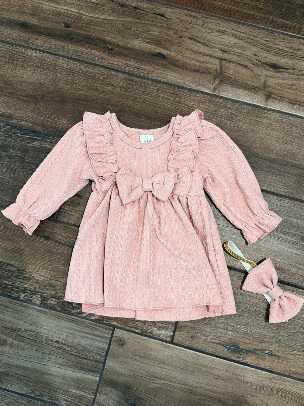 Baby Girl Ruffle Bow Knit Dress with Matching Headband - Pink